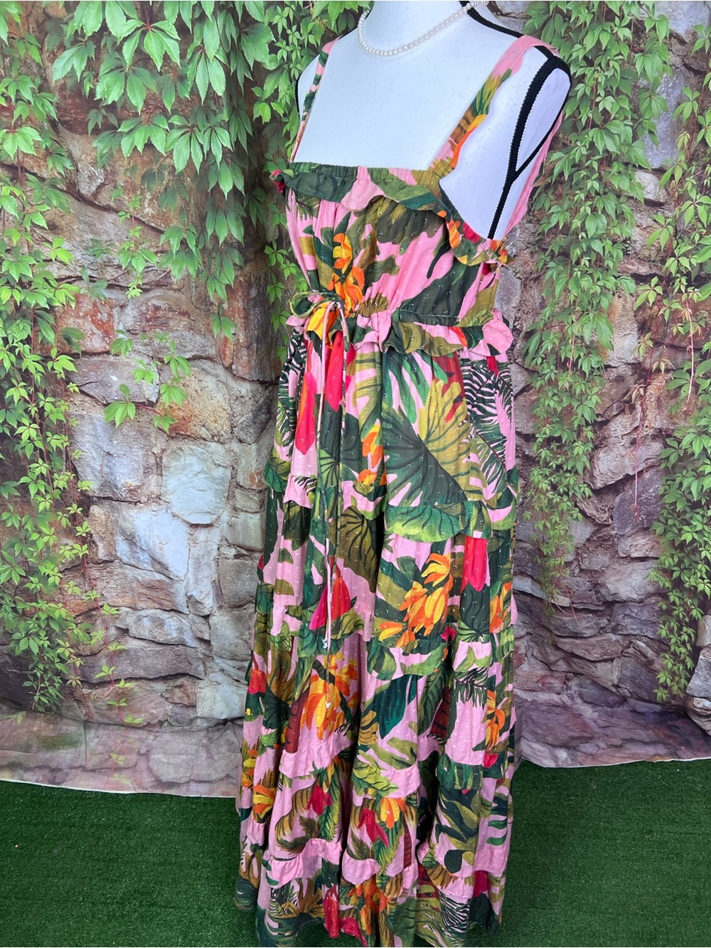 FARM RIO Pink Cocoa Forest Botanical Resortwear Tiered Maxi Dress, L - Picture 5 of 13